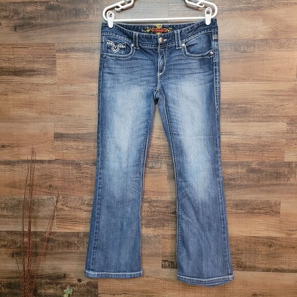 Maurices Jeans Womens 11-12 R Flare Low Rise Ripped Thick Stitch Medium Light - Picture 2 of 11